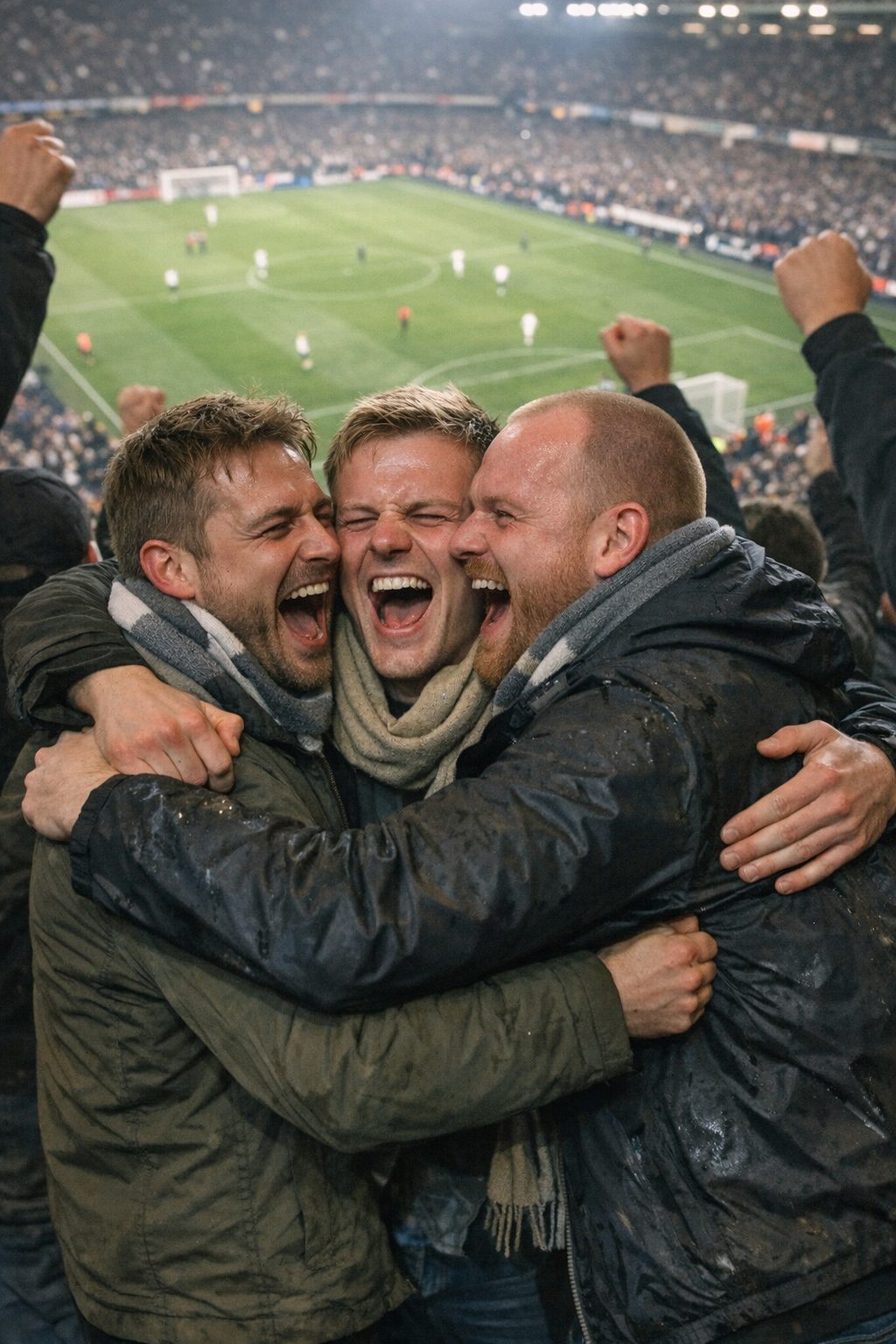 Three friends embracing and celebrating at a football match