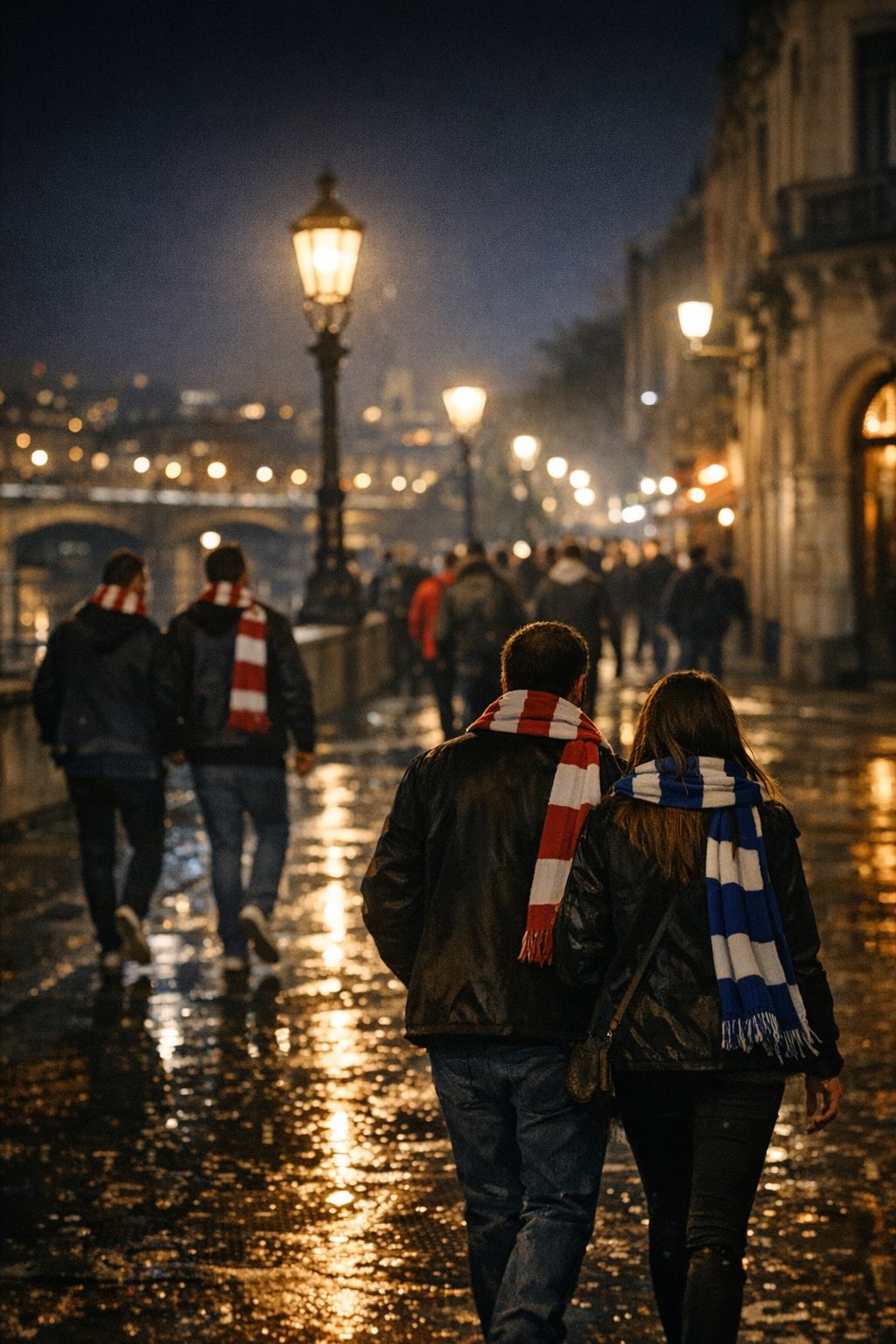 A group of friends laughing together outside a football stadium