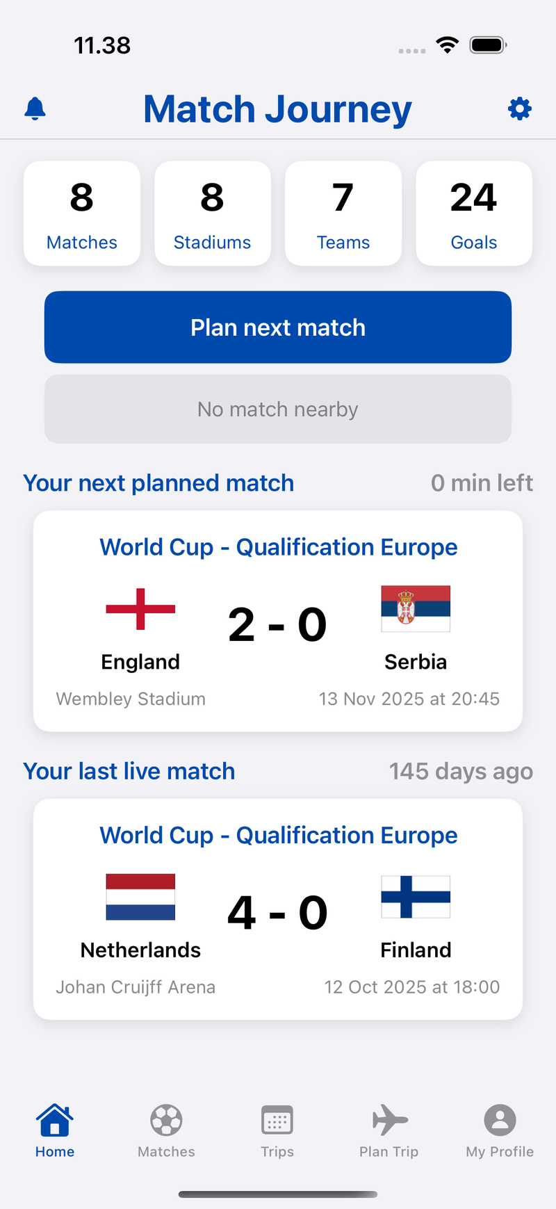 MatchJourney home screen showing matches, stadiums, teams and goals tracked