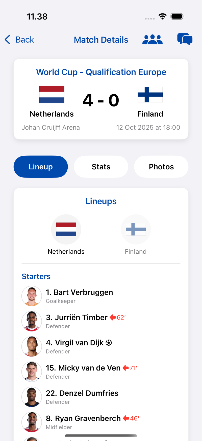 MatchJourney match details screen showing lineups for a fixture